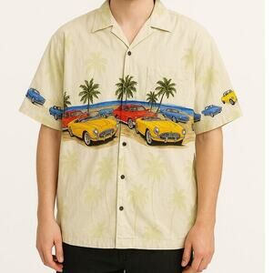 Vintage Pacific Legend‎ Men's Hawaiian Shirt Vintage Cars & Beach Palm Trees L